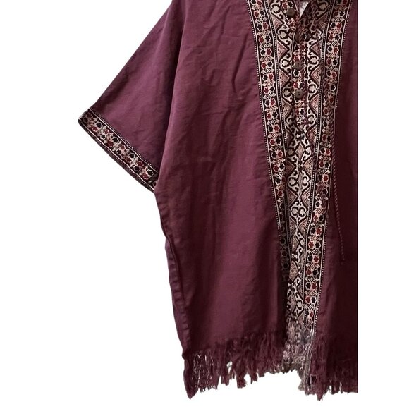 Earthbound Trading Company Top Linen Blend Hooded Small Fringe Geometric S/S - Picture 12 of 16